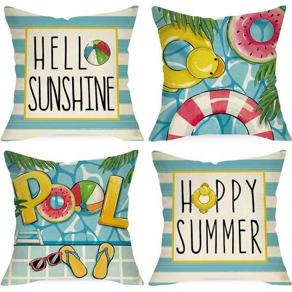 Hello Sunshine Pool Decorative Throw Pillow Covers 18x18 Set of 4, Happy Summer Duck Watermelon Swimming Ring Cushion Case Decor, Blue Stripes Flip Flops Seasonal Home Decoration for Sofa Couch