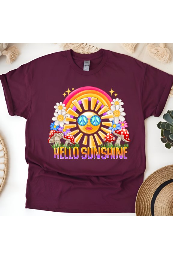 Hello Sunshine Retro T-Shirt – Hippie Summer Vibe Graphic Tee, Maroon, Size S