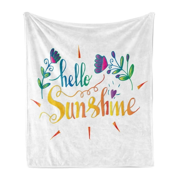 Hello Sunshine Soft Flannel Fleece Blanket, Cursive Text Design with Bloom Motifs and Heart Doodle Spring Illustration, Cozy Plush for Indoor and Outdoor Use, 50" x 70", Multicolor, by Ambesonne