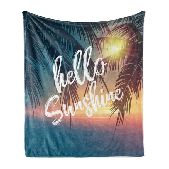 Hello Sunshine Soft Flannel Fleece Blanket, Dreamy Tropical Beach with Abstract Sunset and Palm Trees Summertime Romance, Cozy Plush for Indoor and Outdoor Use, 50" x 60", Multicolor, by Ambesonne