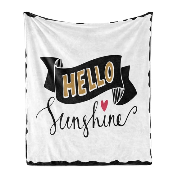 Hello Sunshine Soft Flannel Fleece Blanket, Hand Drawn Lettering Design with Heart Grunge Effect and Words, Cozy Plush for Indoor and Outdoor Use, 50" x 70", Pale Brown Coral Black, by Ambesonne
