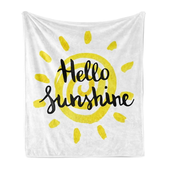 Hello Sunshine Soft Flannel Fleece Blanket, Spiral Sun Motif Watercolor Style Background with Hand Lettering, Cozy Plush for Indoor and Outdoor Use, 50" x 70", Yellow Charcoal Grey, by Ambesonne