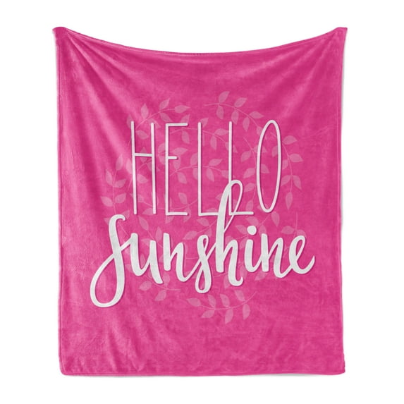 Hello Sunshine Soft Flannel Fleece Throw Blanket, Calligraphy Design with Laurel Leaves Abstract Pink Background Hand Drawn, Cozy Plush for Indoor and Outdoor Use, 50" x 70", Pink White, by Ambesonne