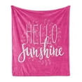 thumbnail image 1 of Hello Sunshine Soft Flannel Fleece Throw Blanket, Calligraphy Design with Laurel Leaves Abstract Pink Background Hand Drawn, Cozy Plush for Indoor and Outdoor Use, 60" x 80", Pink White, by Ambesonne, 1 of 5