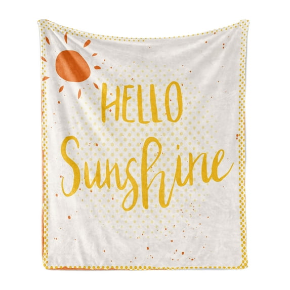 Hello Sunshine Soft Flannel Fleece Throw Blanket, Halftone Motif Background with Doodle Style Vintage Sun, Cozy Plush for Indoor and Outdoor Use, 50" x 70", Orange Yellow, by Ambesonne