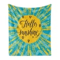 thumbnail image 1 of Hello Sunshine Soft Flannel Fleece Throw Blanket, Sun Motif with Stripes on Wavy Ocean Themed Background Words, Cozy Plush for Indoor and Outdoor Use, 60" x 80", Pale Blue Yellow, by Ambesonne, 1 of 5