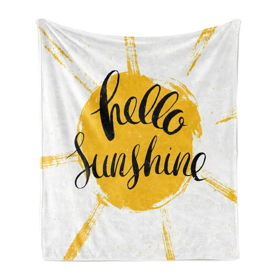 Hello Sunshine Soft Flannel Fleece Throw Blanket, Vintage Composition with Words and Grunge Sun, Cozy Plush for Indoor and Outdoor Use, 50" x 70", Earth Yellow Grey, by Ambesonne