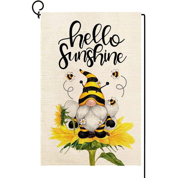 Hello Sunshine Spring Garden Flag Sunflower Gnome Bee Funny Flag 12.5 x 18 Inch Double Sided Burlap Yard Small Spring Summer Flag for Outside Decor