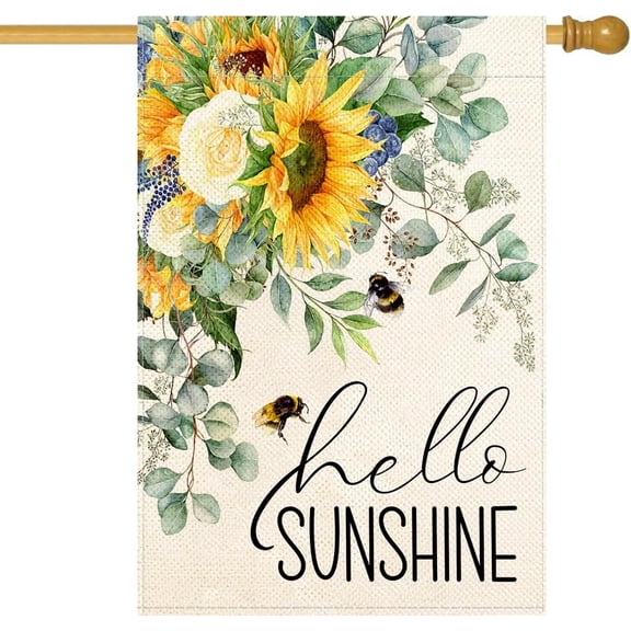 Hello Sunshine Spring House Flag Sunflower Bee Eucalyptus Leaves Yard Flag 28 X 40 Inch Double Sided Burlap Large Spring Summer Flag for Outside Decor