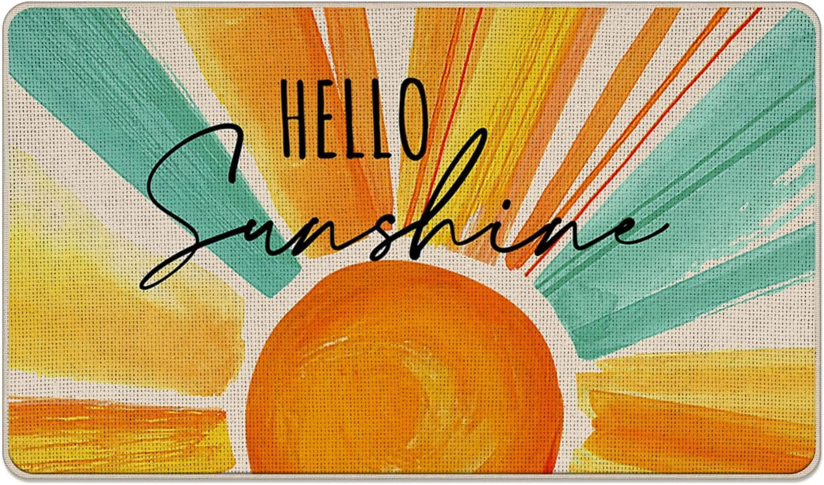 Hello Sunshine Spring Summer Decorative Front Door Mat, Watercolor Sun Doormat Indoor Outdoor Non-Slip Floor Entryway Rug, Seasonal Home Kitchen Decoration 17x30 Inch