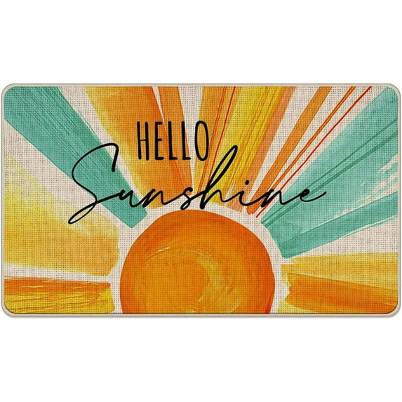 Hello Sunshine Spring Summer Decorative Front Door Mat, Watercolor Sun Doormat Indoor Outdoor Non-Slip Floor Entryway Rug, Seasonal Home Kitchen Decoration 17x30 Inch