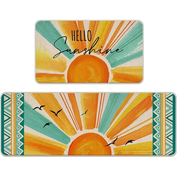 Hello Sunshine Spring Summer Kitchen Rugs Set of 2, Boho Watercolor Sun Seagulls Kitchen Mats Decor, Bohemian Seasonal Floor Door Mat Home Decorations -17x29 and 17x47 Inch