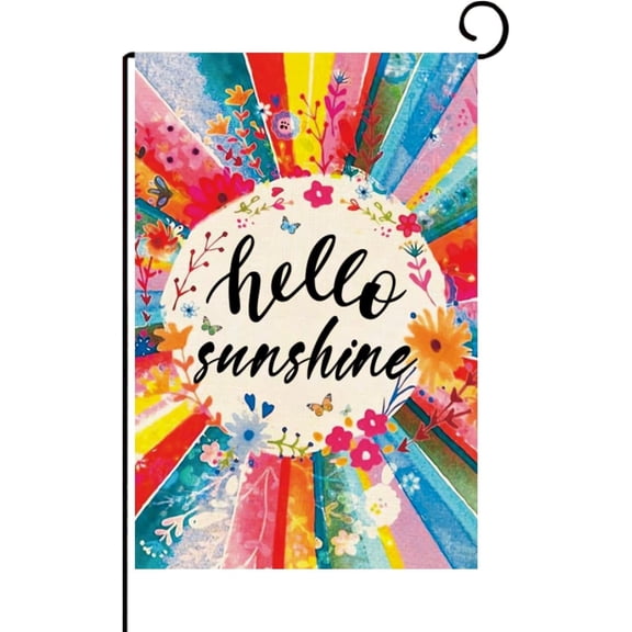 Hello Sunshine Summer Garden Flags for Outside -12x18 Double-Sided Burlap Summer Outdoor Decor with Radiant Sun and Sunflower Design - Perfect for Yard, Garden, or Patio