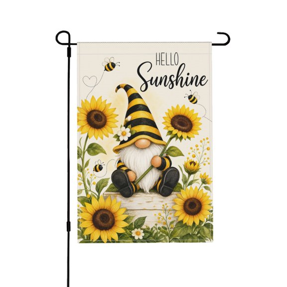 Hello Sunshine Summer Gnome Bee and Sunflower Garden Flag for Rustic Spring Outdoor Decoration 12x18 in