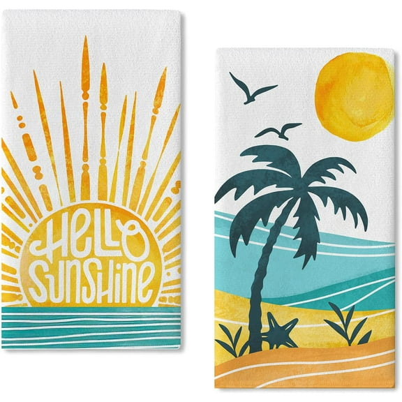 Hello Sunshine Summer Sun Kitchen Dish Towels Set of 2, Spring Tropical Palm Tree Beach Coastal Hand Towel Drying Baking Cooking Cloth, Hawaii Seagull Nautical Home Kitchen Decor 18x26