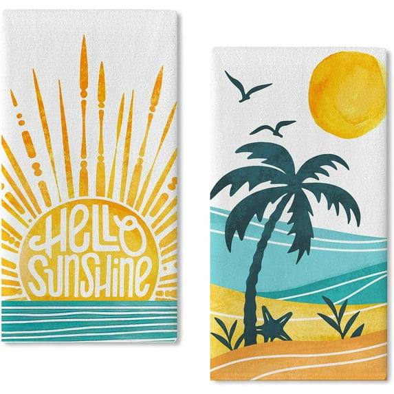 Hello Sunshine Summer Sun Kitchen Dish Towels Set of 2, Spring Tropical Palm Tree Beach Coastal Hand Towel Drying Baking Cooking Cloth, Hawaii Seagull Nautical Home Kitchen Decor 18x26