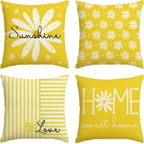 Hello Sunshine Summer Yellow Throw Pillow Covers, 18 x 18 Inch Home Sweet Home Daisy Stripes Cushion Case for Sofa Couch Set of 4