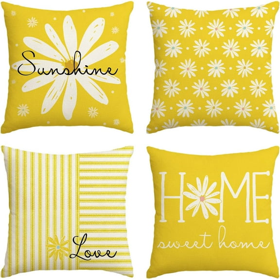 Hello Sunshine Summer Yellow Throw Pillow Covers, 18 x 18 Inch Home Sweet Home Daisy Stripes Cushion Case for Sofa Couch Set of 4