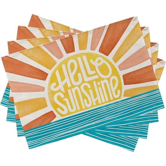 Hello Sunshine Sun Spring Summer Placemats Set of 4, Boho Sunset Over Sea Dining Table Place Mats, Seasonal Kitchen Decor Home Decoration 12 x 18 Inch