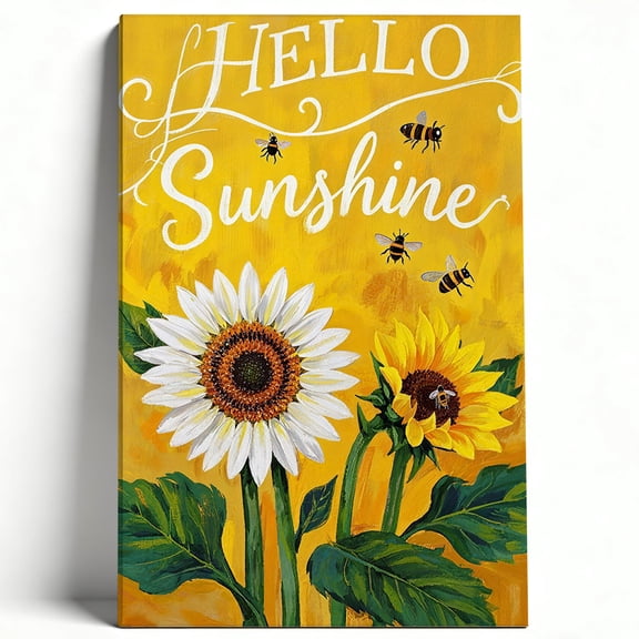 Hello Sunshine Sunflower Canvas Wall Art, Vibrant Yellow Floral Painting with Bees, Framed Summer Garden Decor for Living Room, Kitchen & Nursery 8*12inch(20*30cm)