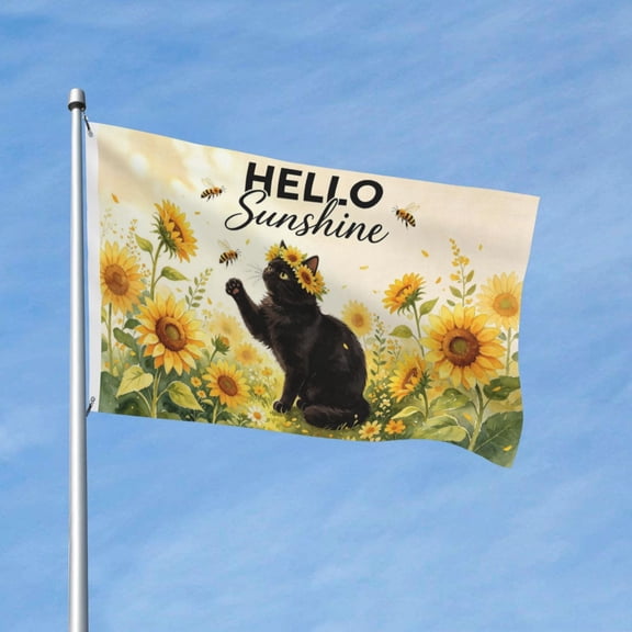 Hello Sunshine Sunflowers Cat Garden Flags for Outside 3x5 Ft Double Sided Large House Flag Cute Summer Black Cats Flags Housewarming Gifts for Women Men Cat Lovers House Yard Outdoor Patio Decor