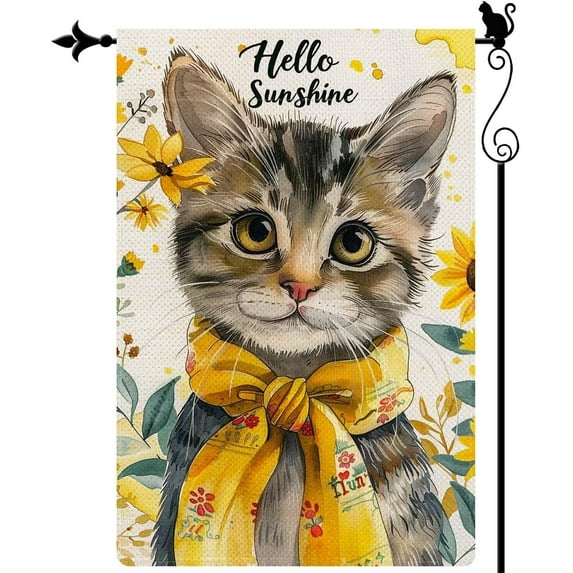 Hello Sunshine Watercolor Cute cat Sunflowers Spring Garden Flag Vertical Double Sided Spring Summer Garden Flag Seasonal Rustic Yard Lawn Outdoor Decor 12.5x18" style 3