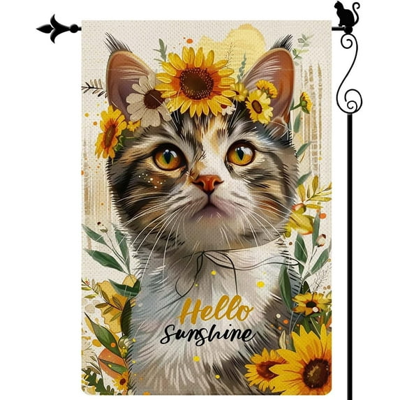Hello Sunshine Watercolor Cute cat Sunflowers Spring Garden Flag Vertical Double Sided Spring Summer Garden Flag Seasonal Rustic Yard Lawn Outdoor Decor 12.5x18" style 1