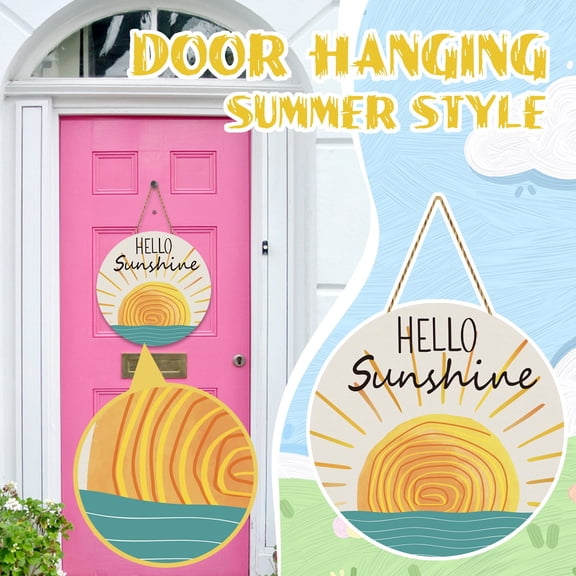 Hello Sunshine Wooden Welcome Sign, Beach Theme Front Door Hanging for Summer Porch Patio, Coastal Nautical Rustic Wall Decor