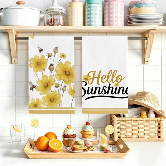 Stegali Hello Sunshine Bee Daisy Microfiber Kitchen Towels Set of 2 Absorbent Dish Towels 18x26 Inch