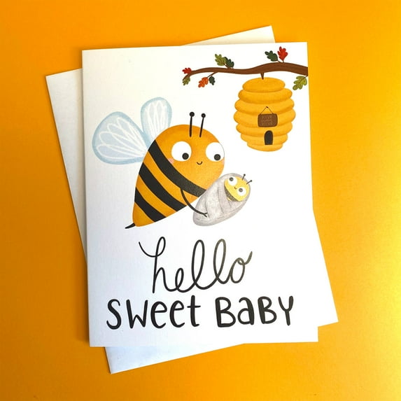 Hello Sweet Baby Greeting Card – Adorable Bee Design with Honeycomb – Blank Inside and Envelope Included – Perfect for Newborns, Baby Showers, Birthdays, and Celebrations