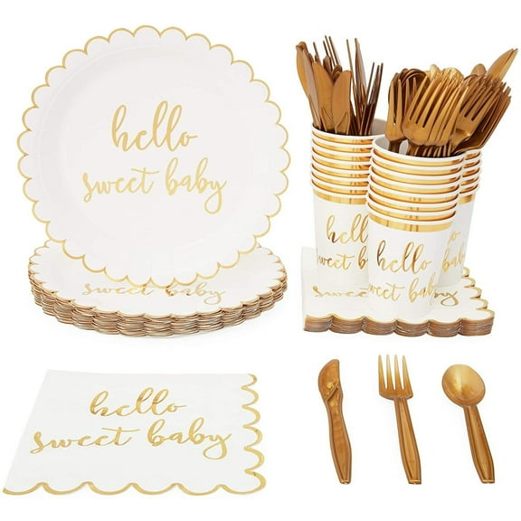 Sparkle and Bash Baby Shower Decorations Dinnerware Set - 144-Piece, Serves 24, Gold - Baby Shower Plates, Cups, Utensils & Napkins