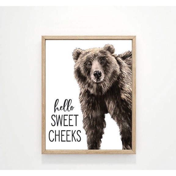 Hello Sweet Cheeks Bear Bathroom Wall Decor, Rustic Bathroom Art Unframed Paper Print