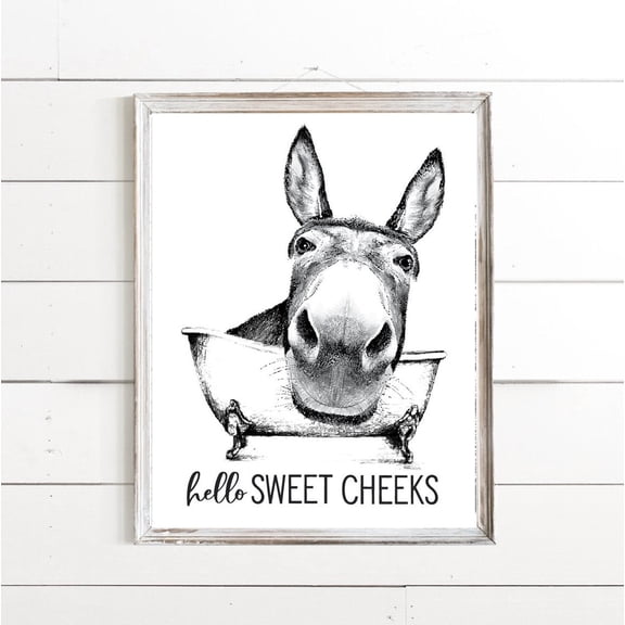Hello Sweet Cheeks Donkey in White Tub Bathroom Wall Art| Modern Bathroom Wall Decor Unframed Paper Print