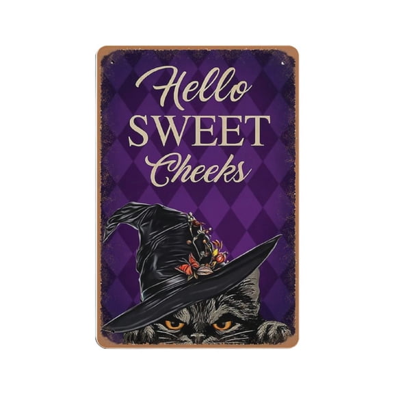 Hello Sweet Cheeks tin sign, Bathroom Decor, Black Cat tin sign, Cat tin sign, Cat Art Print, Black Cat Decor, Black Cat Art,Retro art,living room, country house, metal tin sign 8x12 inches
