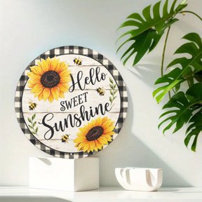 Hello Sweet Sunshine Sunflower Bee Round Metal Tin Sign For Home Garden Kitchen Bar Cafe 8x8 Inch Round