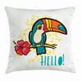 thumbnail image 1 of Hello Throw Pillow Cushion Cover, A Tropical Hello from Hawaiian Island Ramphastidae Toucan Bird with Hibiscus Flower, Decorative Square Accent Pillow Case, 18 X 18 Inches, Multicolor, by Ambesonne, 1 of 2