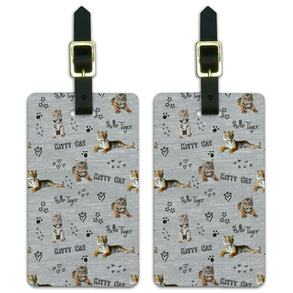 Hello Tiger Kitty Cat Paw Print Hearts Pattern Luggage ID Tags Suitcase Carry-On Cards - Set of 2