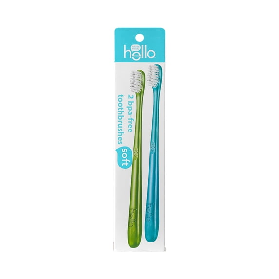 hello Adult Soft Bristle Toothbrush Pack, Blue and Green, 2 Count