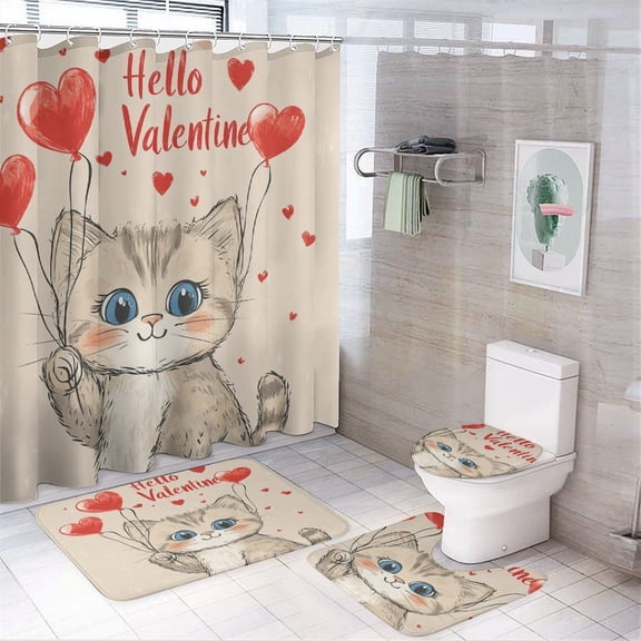 Hello Valentine Cat Love 4 Piece Bathroom Rug Set with Shower Curtain Bathroom Shower Curtain Set with Rugs Valentine Cat Waterproof Durable Bathroom Decor Shower for Bathtub Decor