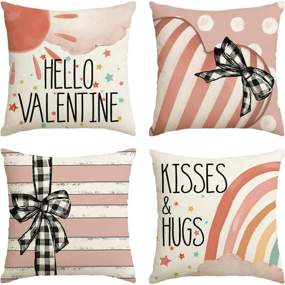 Hello Valentine Kisses & Hugs Rainbow Stripes Heart Throw Pillow Covers, 18 x 18 Inch Pink Wedding Cushion Case Decoration for Sofa Couch Set of 4
