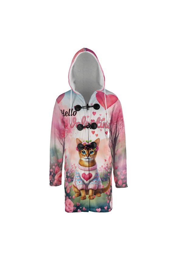 Hello Valentine’s Day Abyssinian Flower Crown Romantic Pink Floral All Over Print 3D Hooded Duffle Toggle Coat Cat Lover Kitten Owner Gifts - 00031