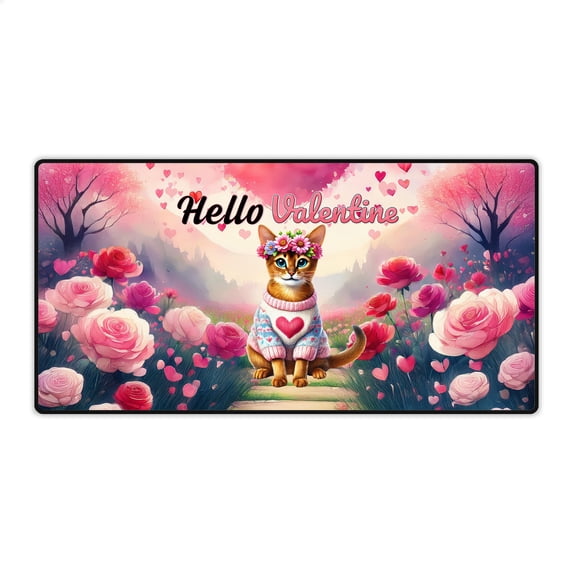 Hello Valentine’s Day Abyssinian Flower Crown Romantic Pink Floral Desk Mat Full Keyboard Mouse Pad Cat Lover Kitten Owner Gifts Large Mousepad - 00031