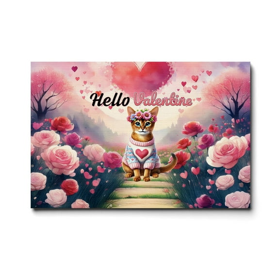 Hello Valentine’s Day Abyssinian Flower Crown Romantic Pink Floral Horizontal Matte Canvas Poster Cat Lover Kitten Owner Gifts Wall Art Home Decor - 00031