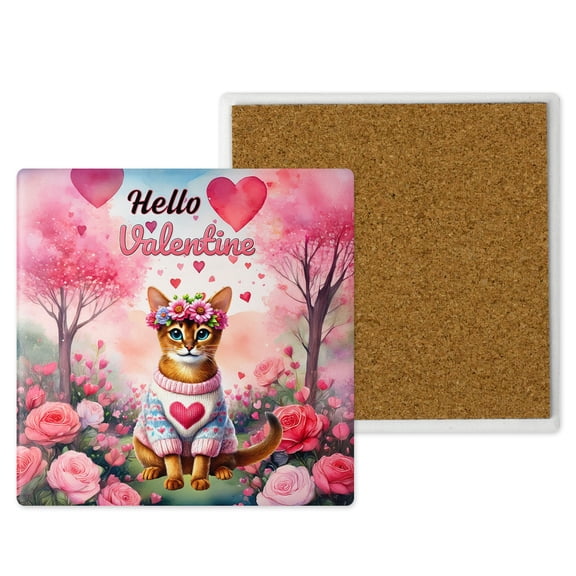 Hello Valentine’s Day Abyssinian Flower Crown Romantic Pink Floral Set of 4 Stone Coasters Cat Lover Kitten Owner Gifts 4x4in Absorbent Soapstone Coaster - 00031