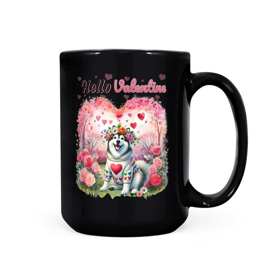 Hello Valentine’s Day Alaskan Malamute Flower Crown Romantic Pink Floral Mug Alaska Mal Dog Lovers Gifts Coffee Tea Cup - 00031