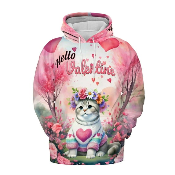 Hello Valentine’s Day American Shorthair Flower Crown Romantic Pink Floral All Over Print 3D Hoodie Unisex Merch Hoodies Cat Lover Kitten Owner Gifts - 00031
