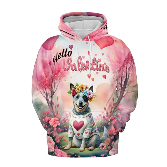 Hello Valentine’s Day Australian Cattle Dog Flower Crown Romantic Pink Floral All Over Print 3D Hoodie Unisex Merch Hoodies Heeler Lover Gifts - 00031