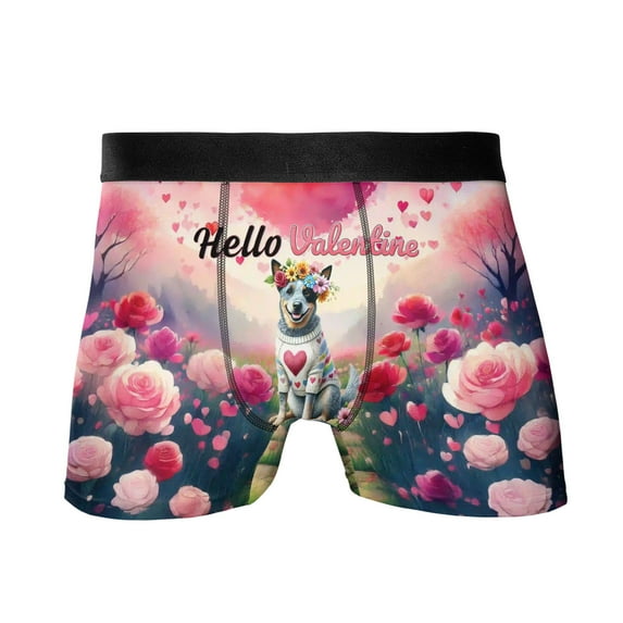 Hello Valentine’s Day Australian Cattle Dog Flower Crown Romantic Pink Floral All Over Print Boxer Briefs Underwear for Men Dad Heeler Lover Gifts - 00031
