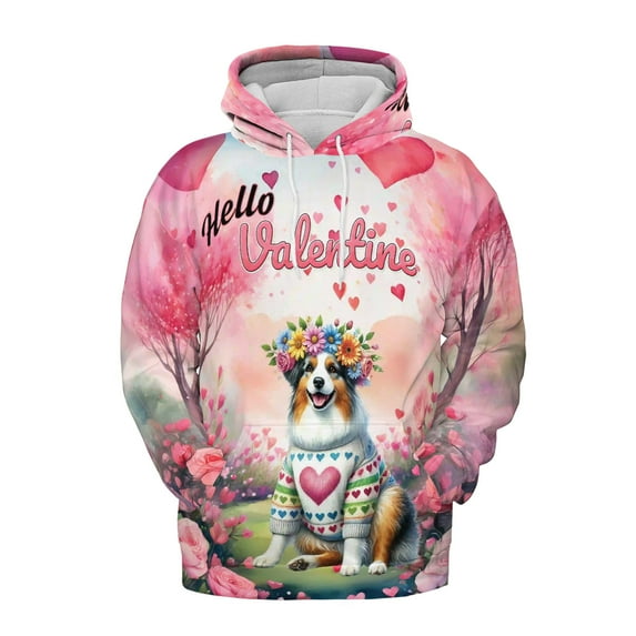Hello Valentine’s Day Australian Shepherd Flower Crown Romantic Pink Floral All Over Print 3D Hoodie Unisex Merch Hoodies Aussie Dog Lover Gifts - 00031