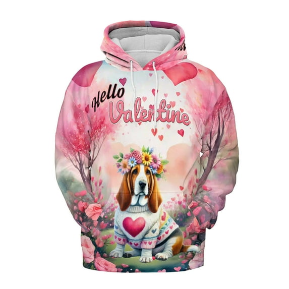 Hello Valentine’s Day Basset Hound Flower Crown Romantic Pink Floral All Over Print 3D Hoodie Unisex Merch Hoodies Bassets Dog Breed Lovers Gifts Idea - 00031